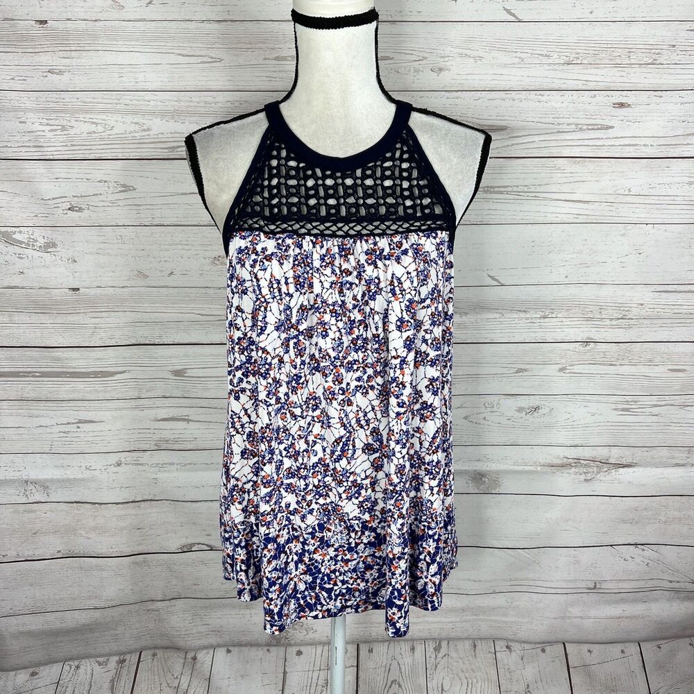 Daniel Rainn Womens Rauly Crochet Neckline Sleeveless Top Size Medium White Blue